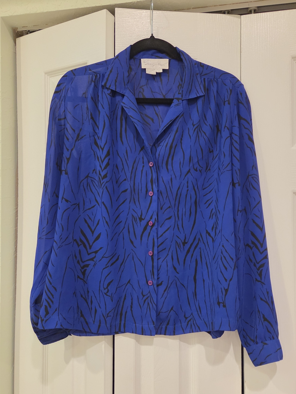 Vintage 80s Women's Cobalt Blue Printed Blouse Vintage Size 12/modern 6/8 medium